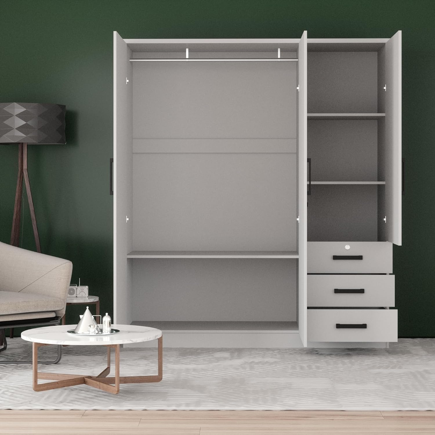 Violet Wardrobe Closet 3 Doors and 3 Drawers (White)