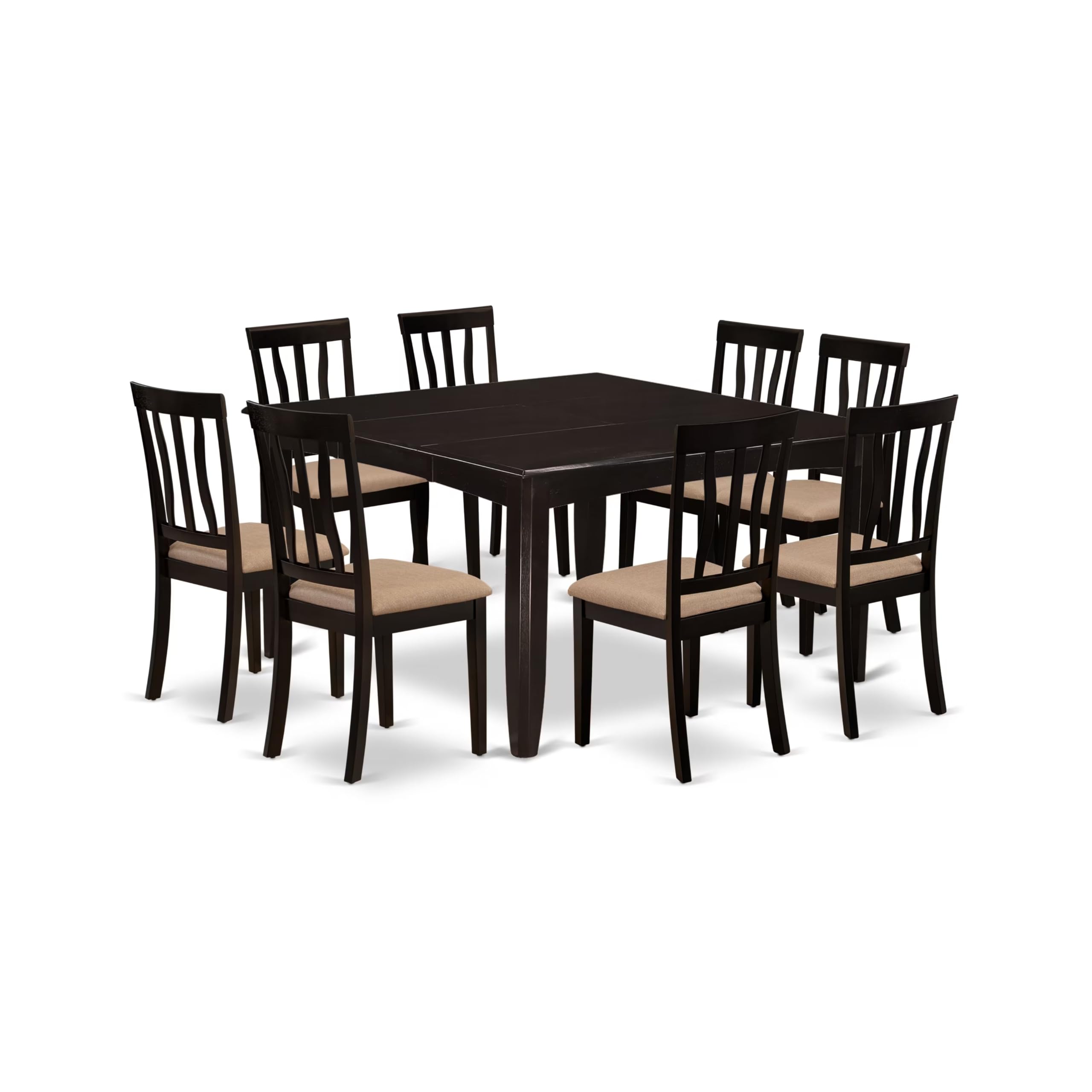 East West Furniture PFAN9-CAP-C 9 Piece Modern Dining Table Set Includes a Square Wooden Table with Butterfly Leaf and 8 Linen Fabric Dining Room Chairs, 54x54 Inch, Cappuccino