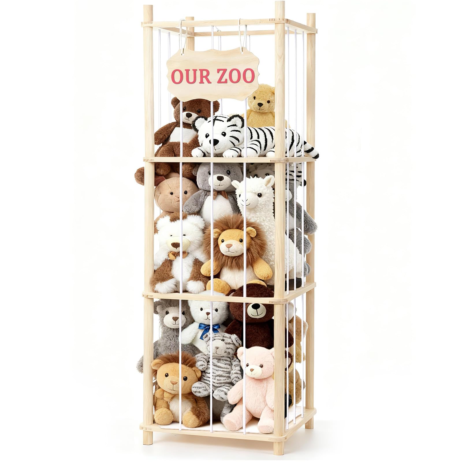 Stuffed Animal Storage & Organizer, Wooden Large Capacity Stuffed Animal Zoo with Elastic Cords, Sturdy Space-Saving Plushie Toy