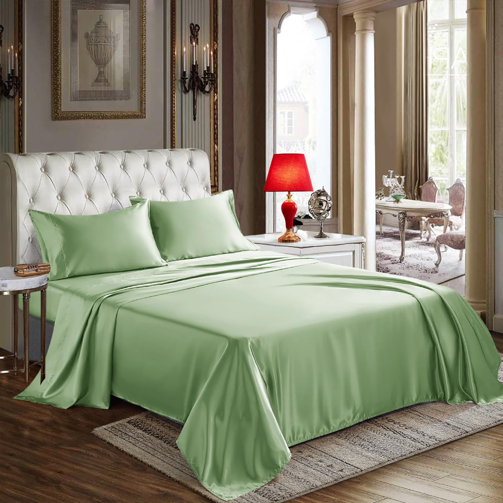 Cozylux Satin Sheets Queen Size - 4 Piece Sage Green Bed Sheet Set With Silky Microfiber, 1 Deep Pocket Fitted Sheet, 1 Flat She