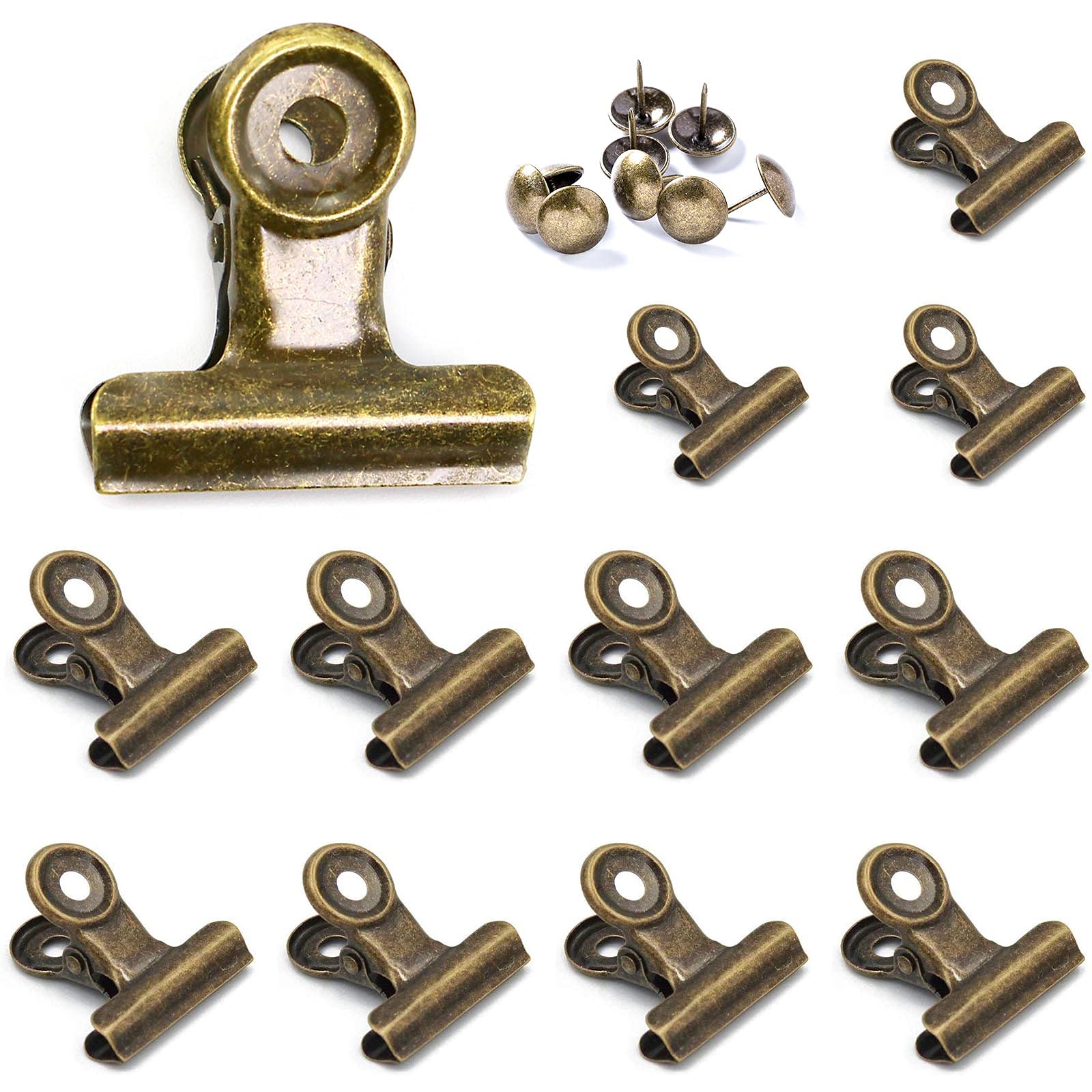 Yuchiya 12 Pack Metal Clips With 12 Push-Pins For Corkboard,Bulldog Clips For Hanging Pictures,Small Hinge Clips For Crafts,Mini
