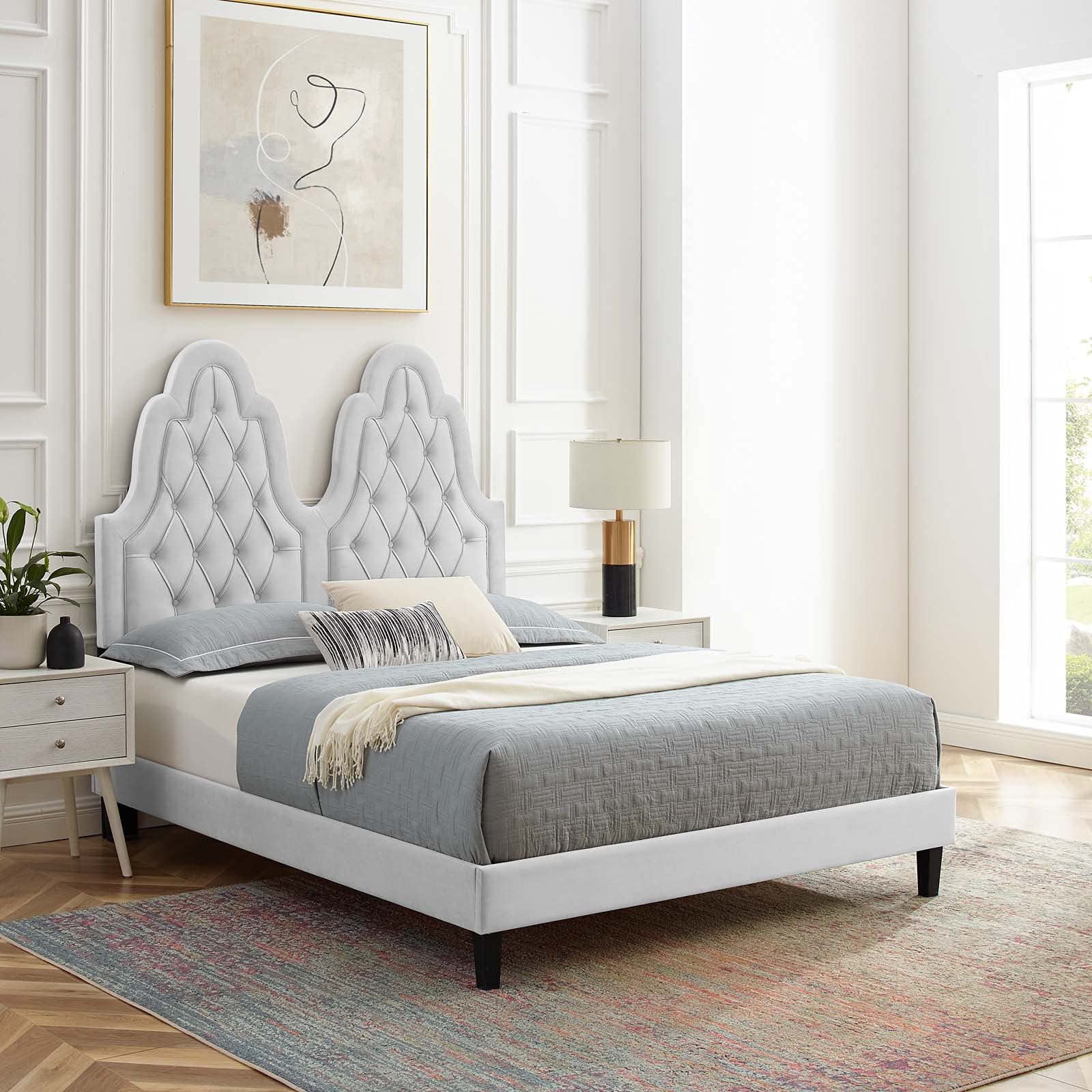 Modway Alexandria Tufted Performance Velvet Platform Bed with Black Wood Legs, Twin, Light Gray