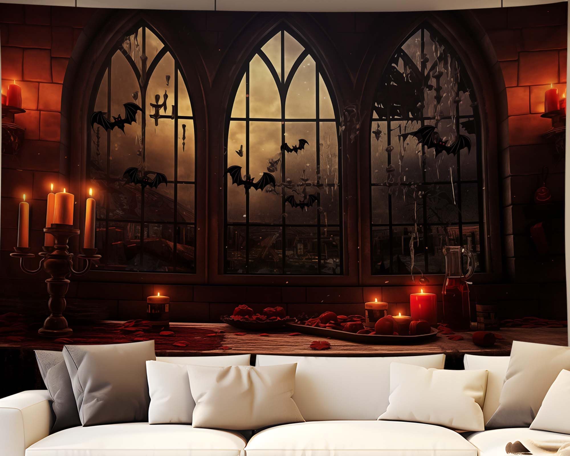 QGHOT Halloween Tapestry Wall Hanging Horror Castle Window Tapestry Gothic Spooky Backdrop Vampire Medieval Tapestries for Bedro