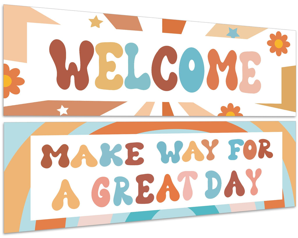 QOUBAI Groovy Classroom Welcome Banner and Poster for Teachers Hippie Motivational and Inspirational Banner Decor for Preschool 