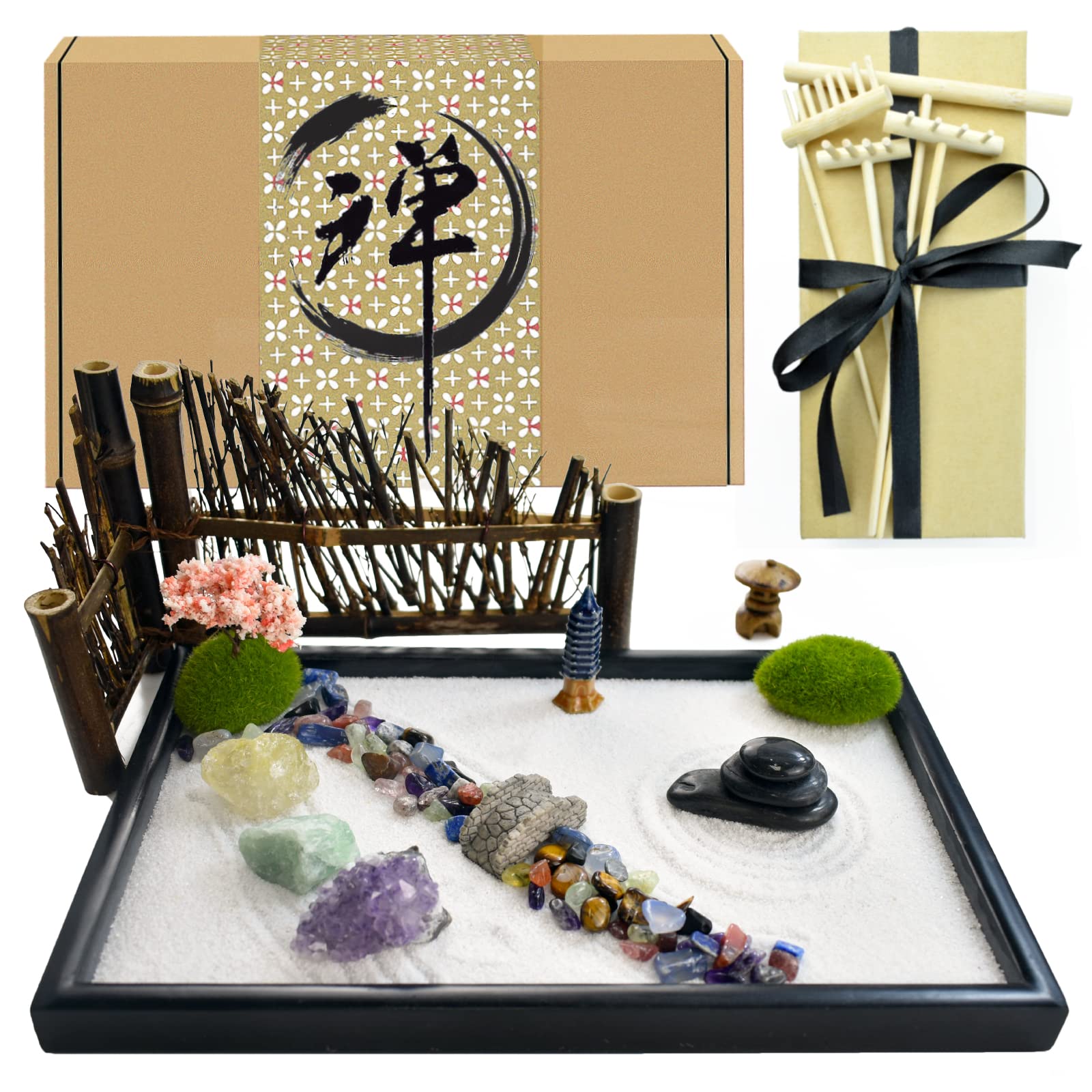 Artcome Japanese Zen Sand Garden Kit For Desk With Rake, Stand, Rocks And Mini Furnishing Articles - Office Desktop Accessories