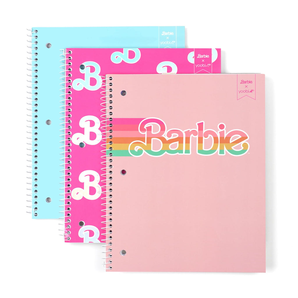 Yoobi Barbie X College Ruled Spiral Notebook Set - 3-Pack Of 1 Subject Notebooks, Pink, Blue & Peach Barbie Designs - Cute Easte