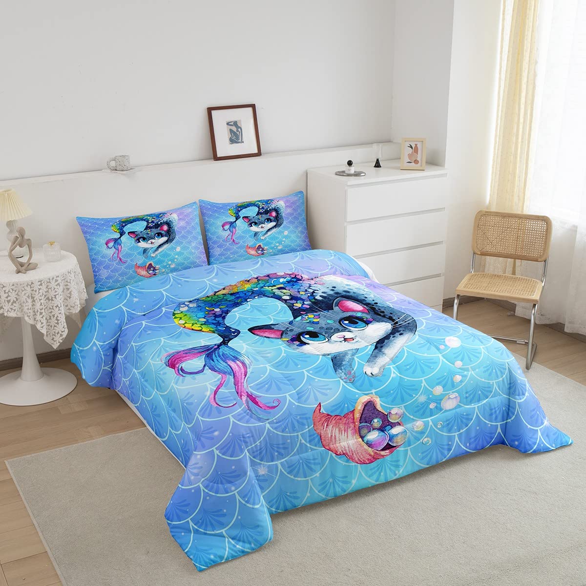 Rainbow Cartoon Cat Bed Sheet Set Colorful Mermaid Comforter Set For Kids Boys Girls Teens Room Decor Blue Mermaid Scales Beddin