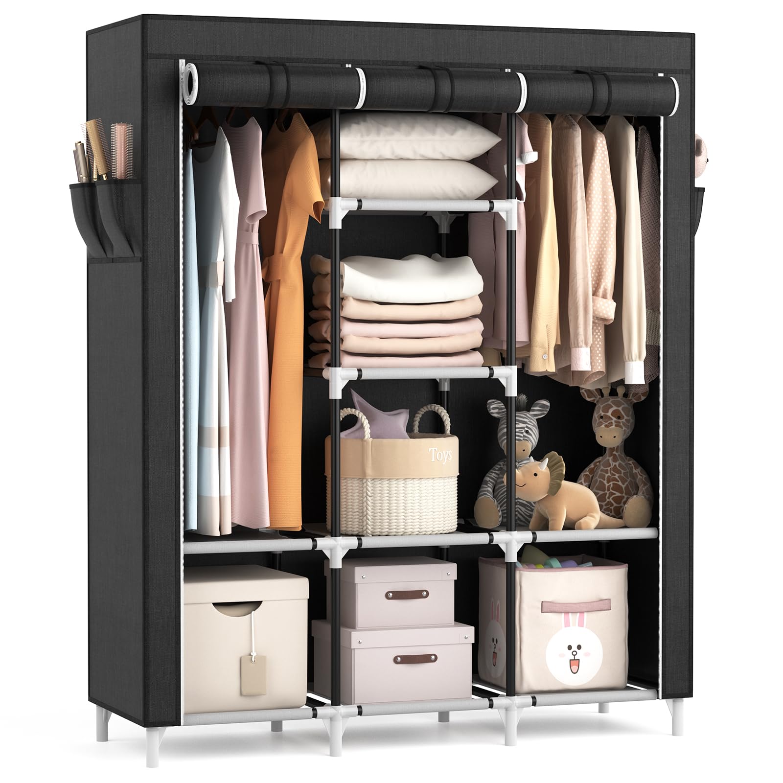 VTRIN Portable Closet, Large Capacity Portable Wardrobe with 2 Hanging Rods and 8 Storage Shelves, Sturdy Free Standing Closet W