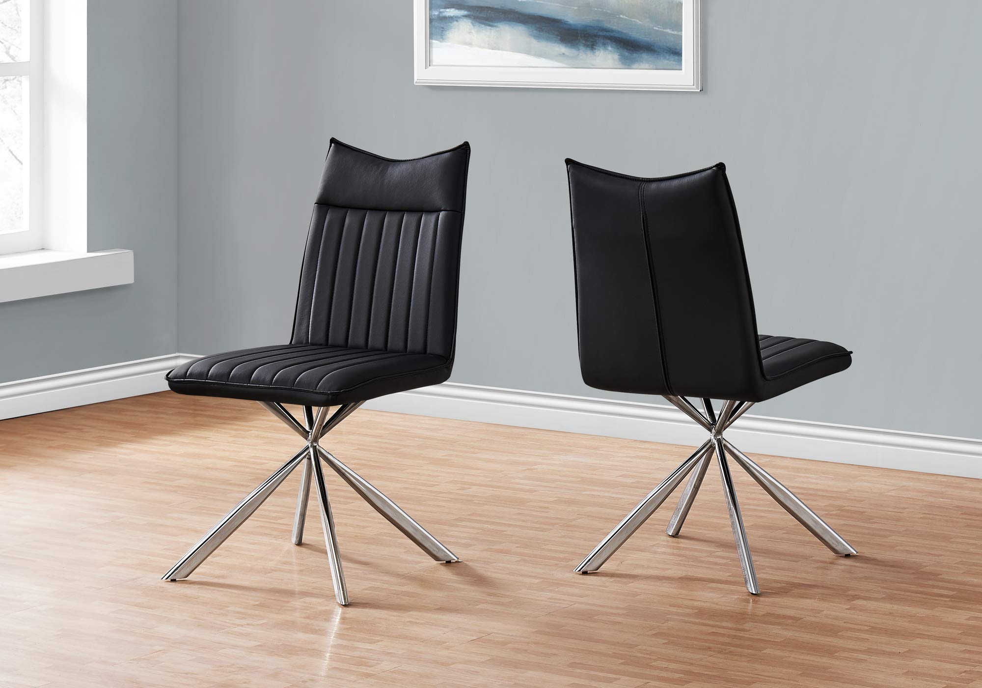 Monarch Specialties 1213, Set Of 2, Side, Upholstered, Kitchen, Room, Pu, Contemporary, Modern Dining Chair, 18.5&quot; L X 23.5&quot; W X 36.25&quot; H, Black Leather-Look/Chrome Metal