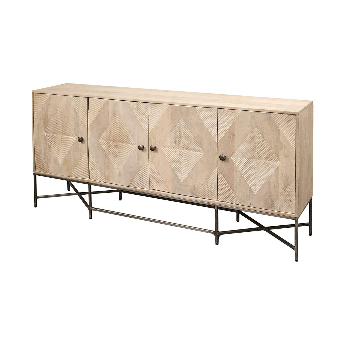 HomeRoots Light Brown Solid Mango Wood Sideboard with 4 Cabinet Doors