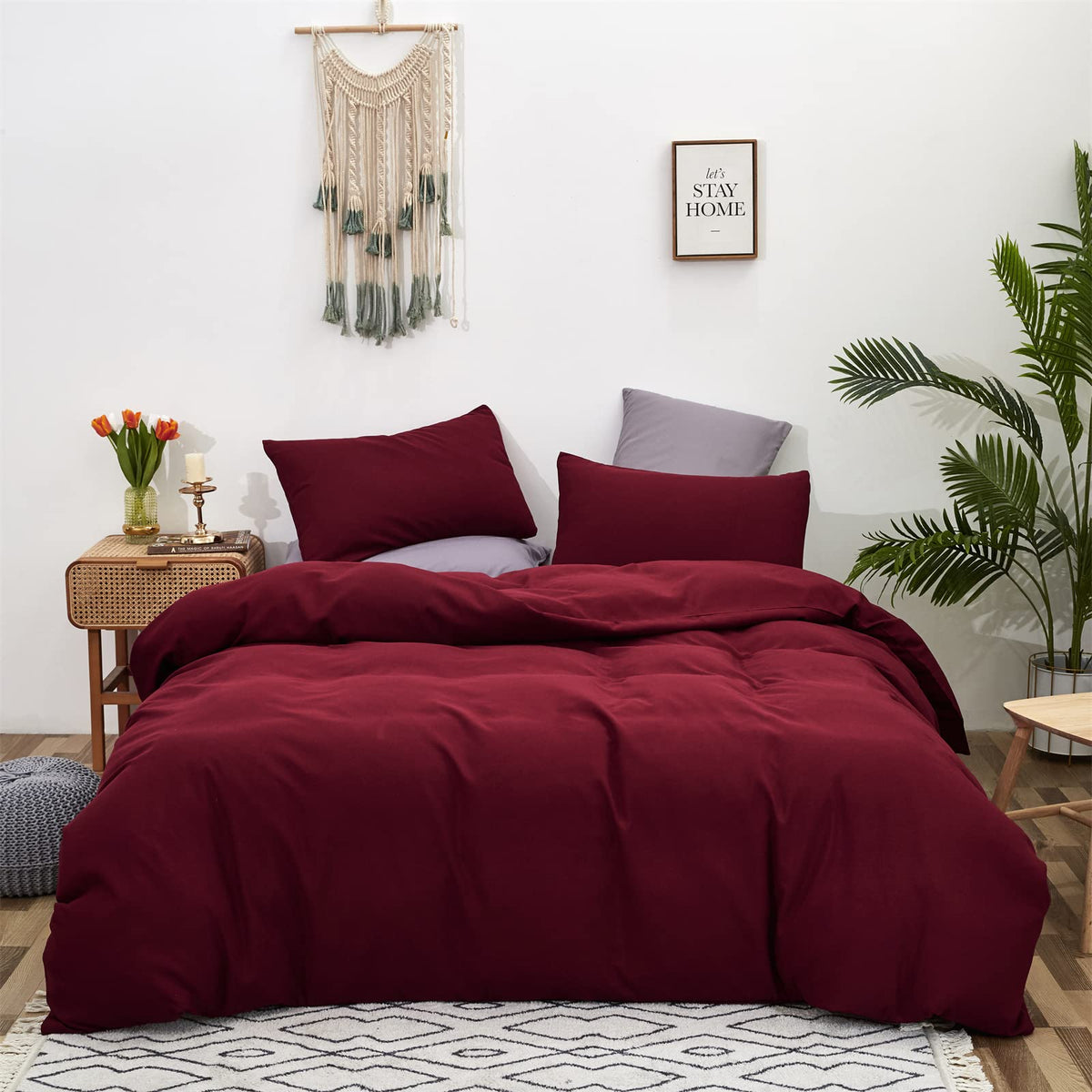 Cottonight Dark Red Comforter Set Twin Wine Red Bedding Comforter Set Claret Red Solid Cotton Burgundy Blanket Quilts Soft Breat