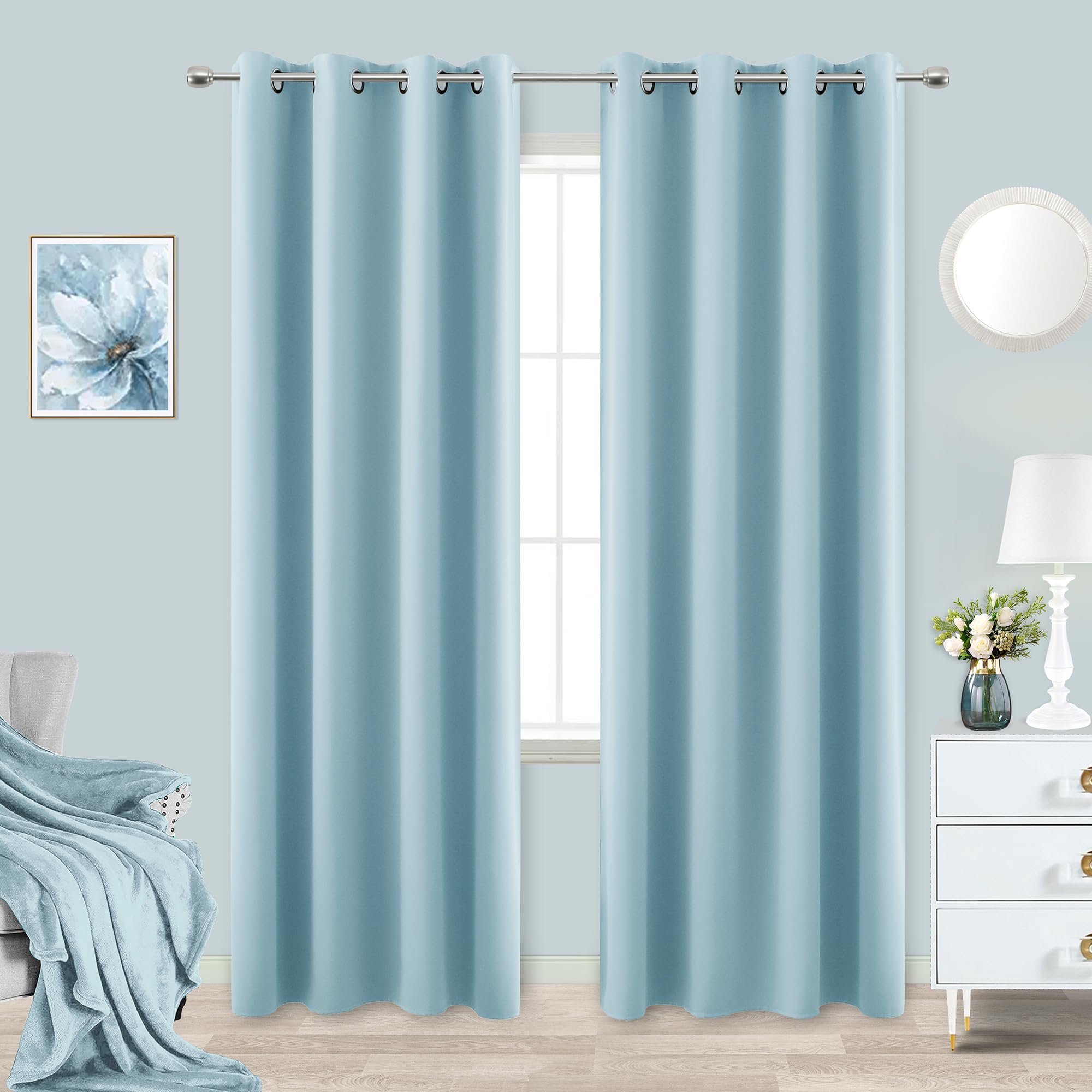 KOUFALL Light Blue Blackout Curtains 90 Inches Long for Bedroom 2 Panels Set Thermal Insulated Room Darkening Draperies for Livi