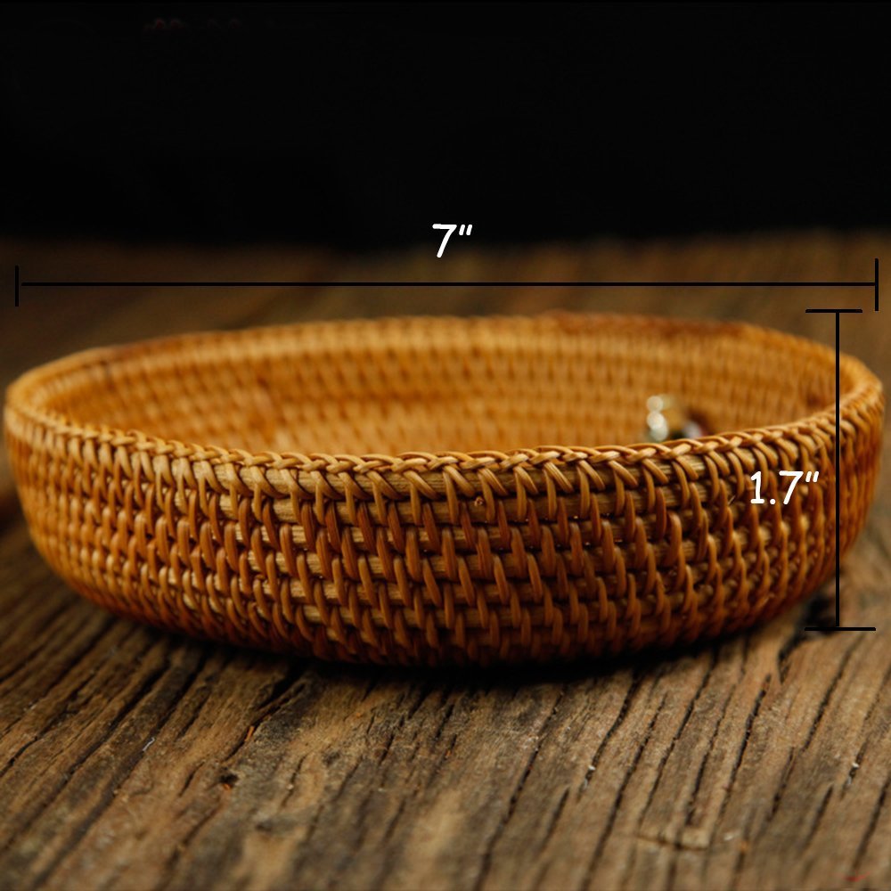 Amololo Hadewoven Round Rattan Fruit Basket Wicker Food Tray Weaving Storage Holder Dinning Room Bowl, 7   Decorative Natural Ba