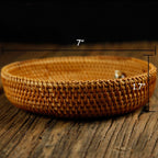 Amololo Hadewoven Round Rattan Fruit Basket Wicker Food Tray Weaving Storage Holder Dinning Room Bowl, 7   Decorative Natural Ba