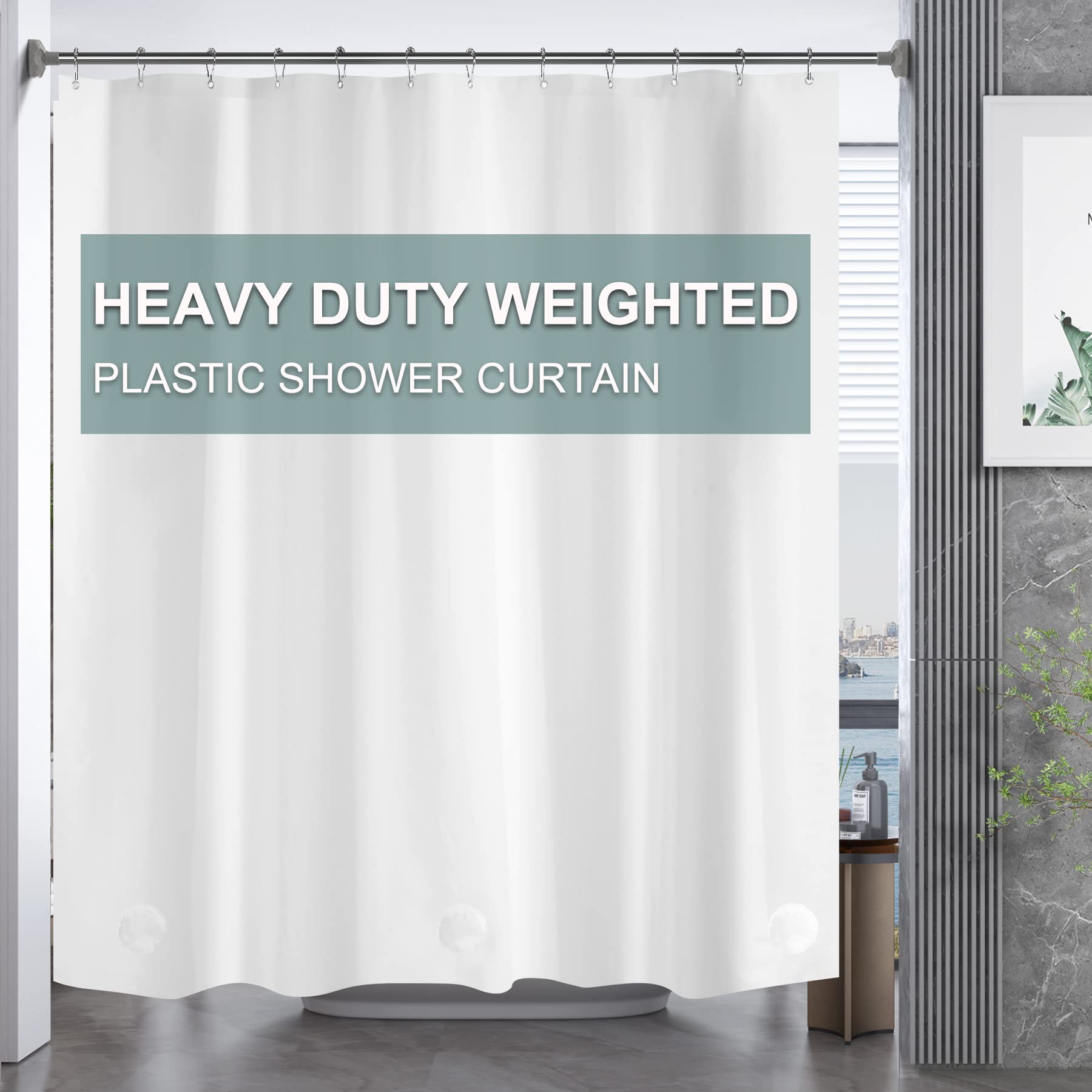 Amazerbath Plastic Shower Curtain, 72 X 65 Inches Peva Heavy Duty White Shower Curtain, Waterproof Heavy Weight Thick Bathroom C