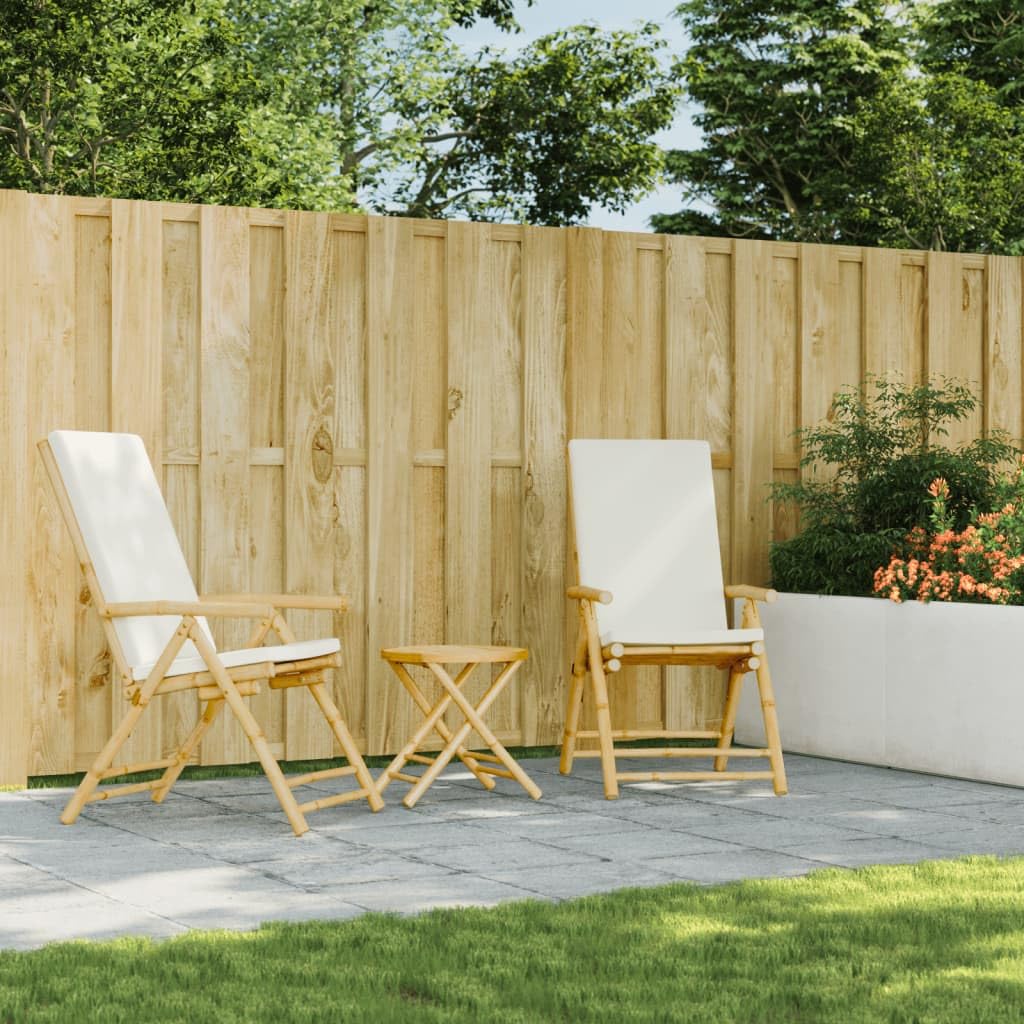 vidaXL 3 Piece Folding Bamboo Bistro Set with Cream White Cushions, Removable and Washable Covers, Foldable Design, for Patio, Backyard, Balcony