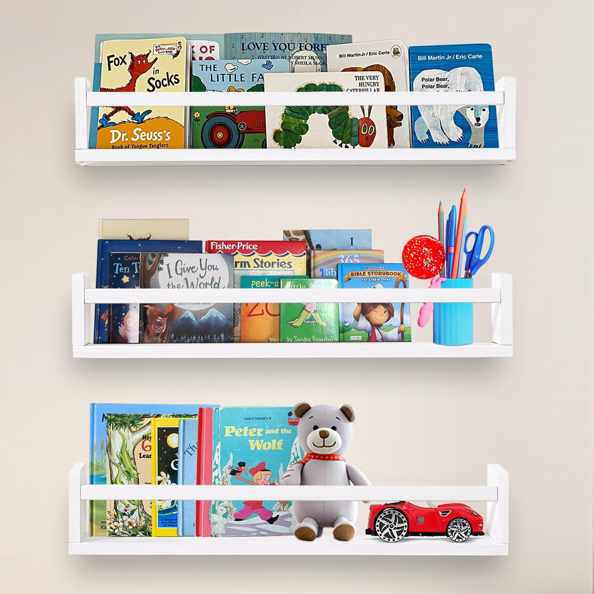 AZSKY Nursery Bookshelves White, 24 Inch Floating Bookshelves for Wall Set of 3, Baby Kids Decor, Solid Wood Wall Mounted Shelve