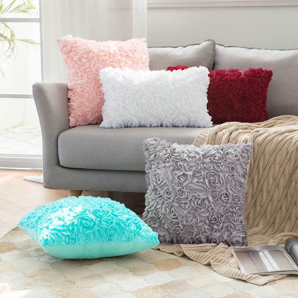 Miulee 3D Decorative Romantic Stereo Chiffon Rose Flower Pillow Cover Solid Square Pillowcase For Sofa Bedroom 16X16 Inch 40X40 Cm Peach Pink Wedding Valentines Day