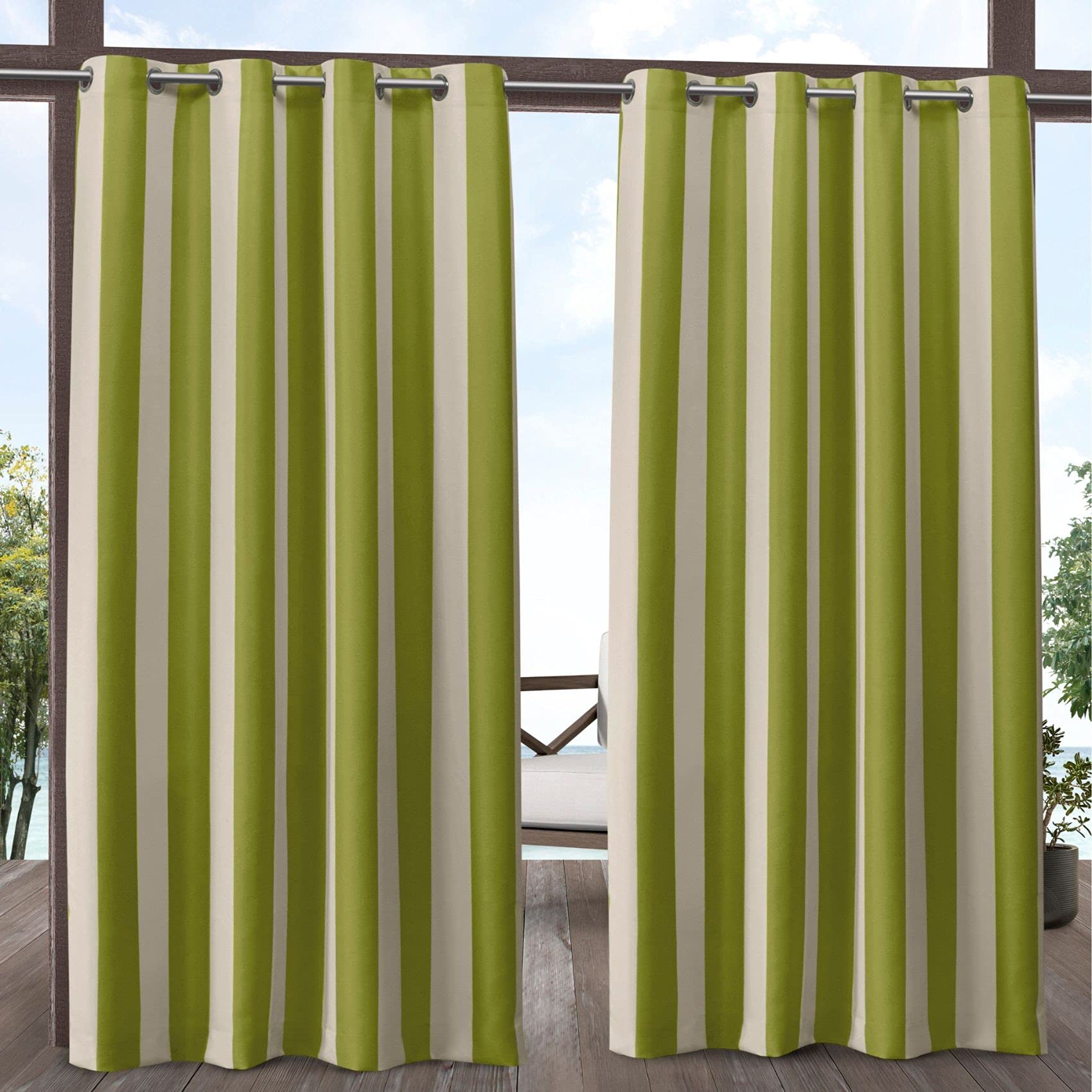 Exclusive Home Canopy Stripe Indoor/Outdoor Grommet Top Curtain Panel, 54''x108'', Kiwi / Sand, Set of 2