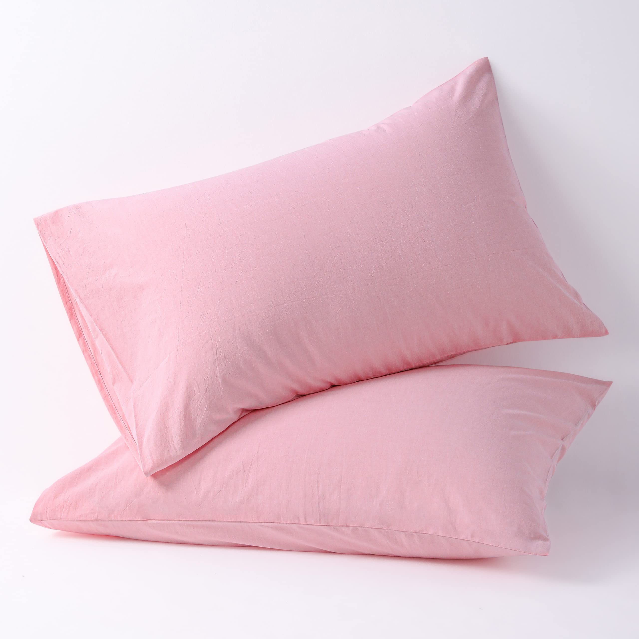 Ntbay Washed Cotton King Size Pillowcases, 2 Pack Breathable Yarn Dyed Solid Envelope Closure Pillow Cases, 20X36 Inches, Pink