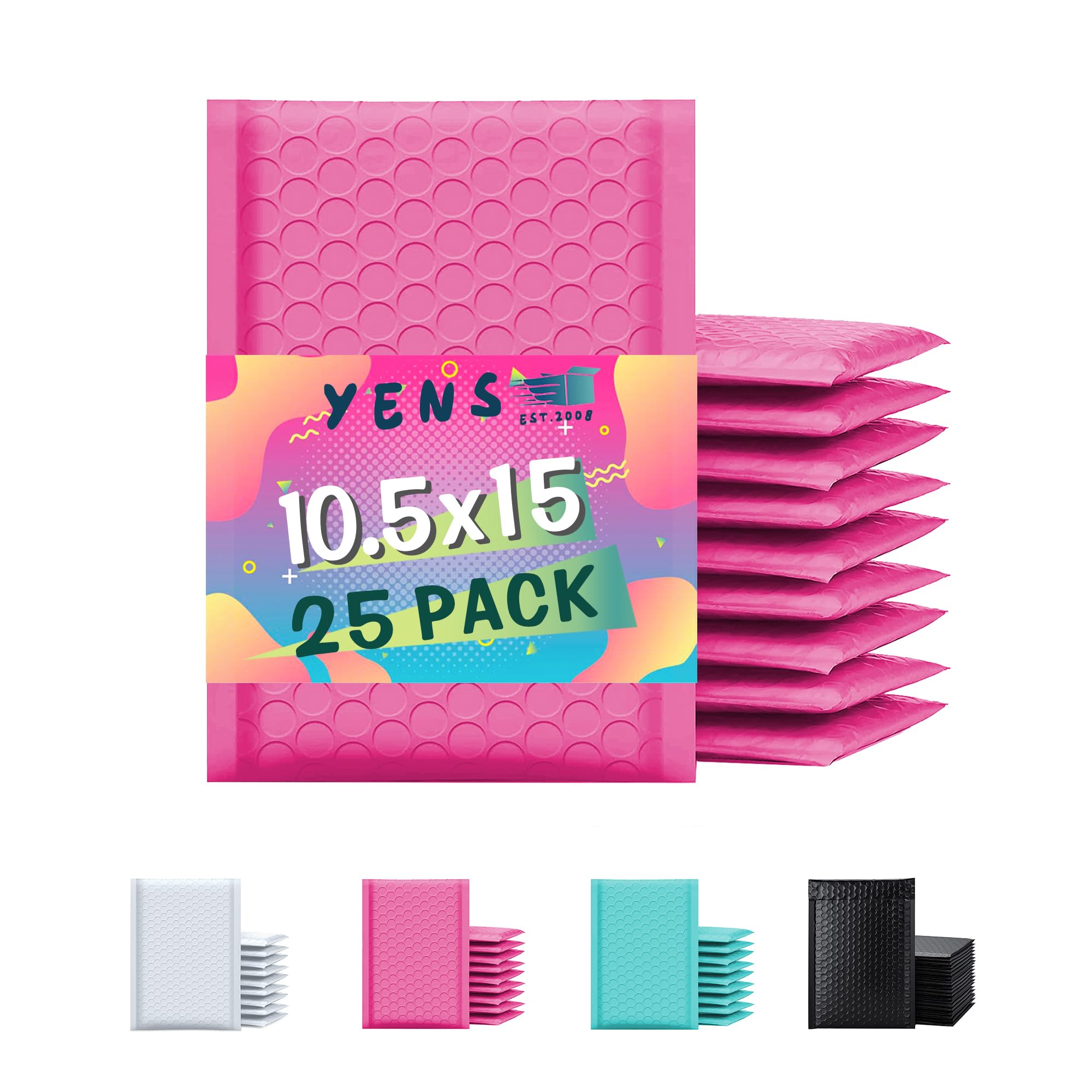 Yens Poly Bubble Mailers 10.5X16 25 Pack Hot Pink Waterproof Self Seal Adhesive Shipping Bags, Cushioning Padded Envelopes For S