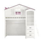 Acme Tree House Wooden Twin Loft Bed with Side Ladder in Pink and White