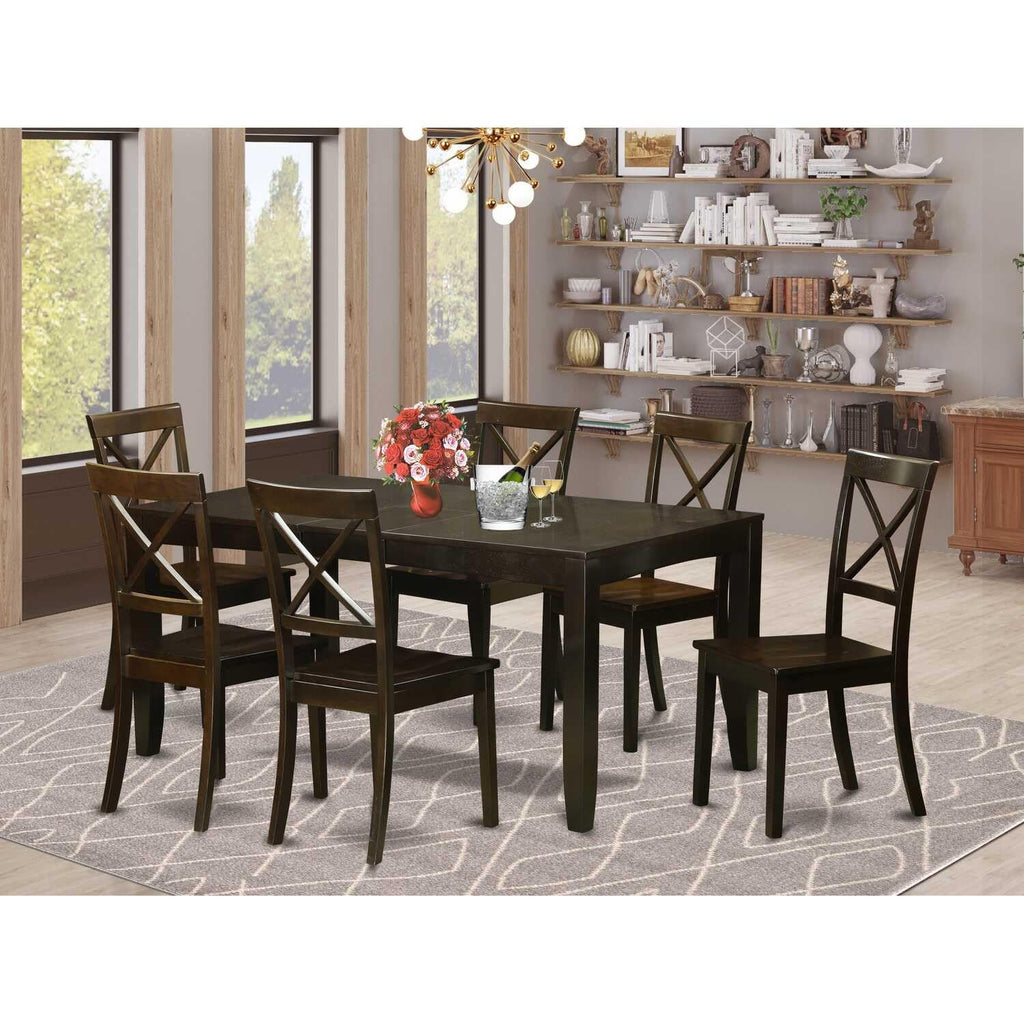 East West Furniture Lybo7-Cap-W 7 Pc Formal Dining Room Set-Dining Table With Leaf 6 Chairs For Dining Room