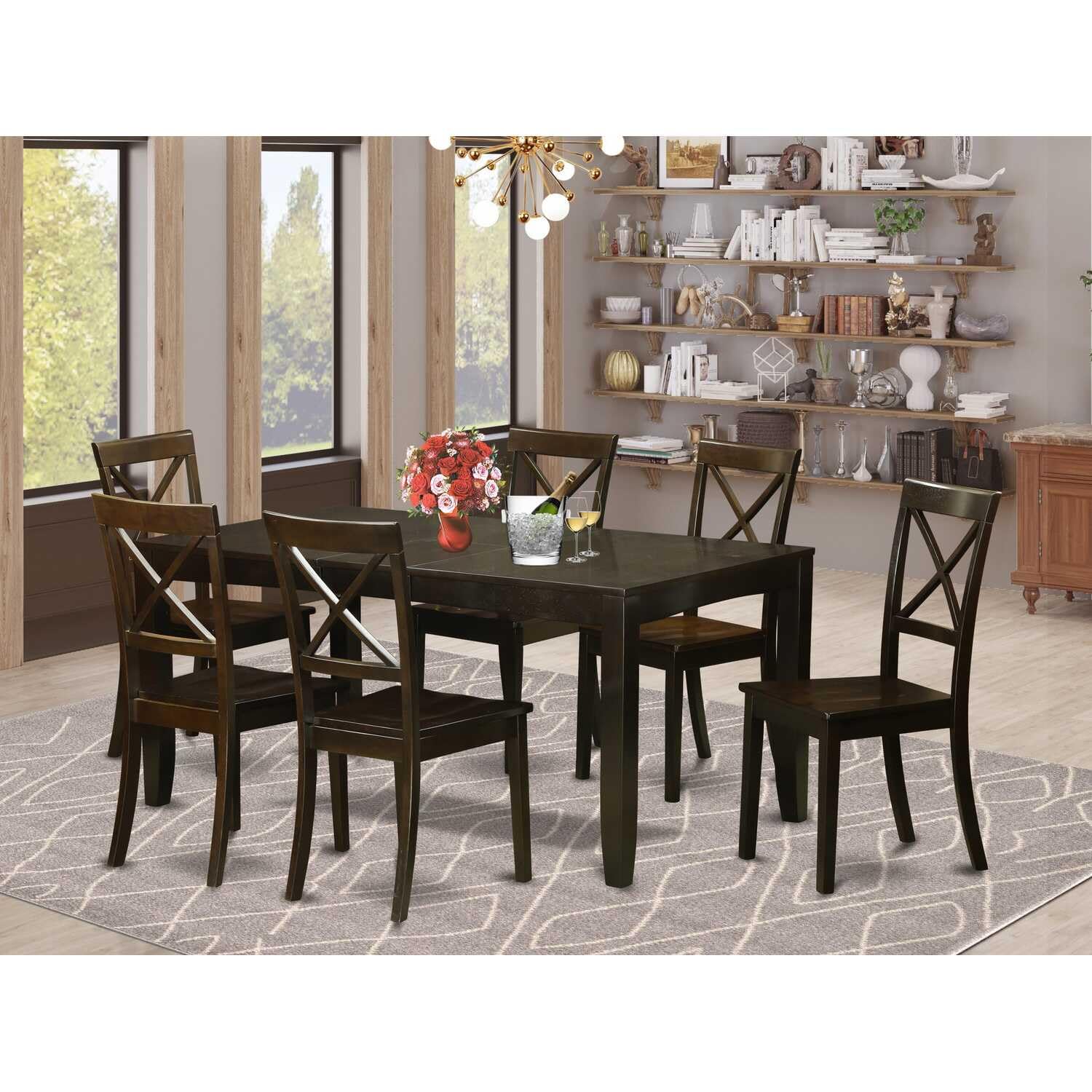 East West Furniture Lybo7-Cap-W 7 Pc Formal Dining Room Set-Dining Table With Leaf 6 Chairs For Dining Room