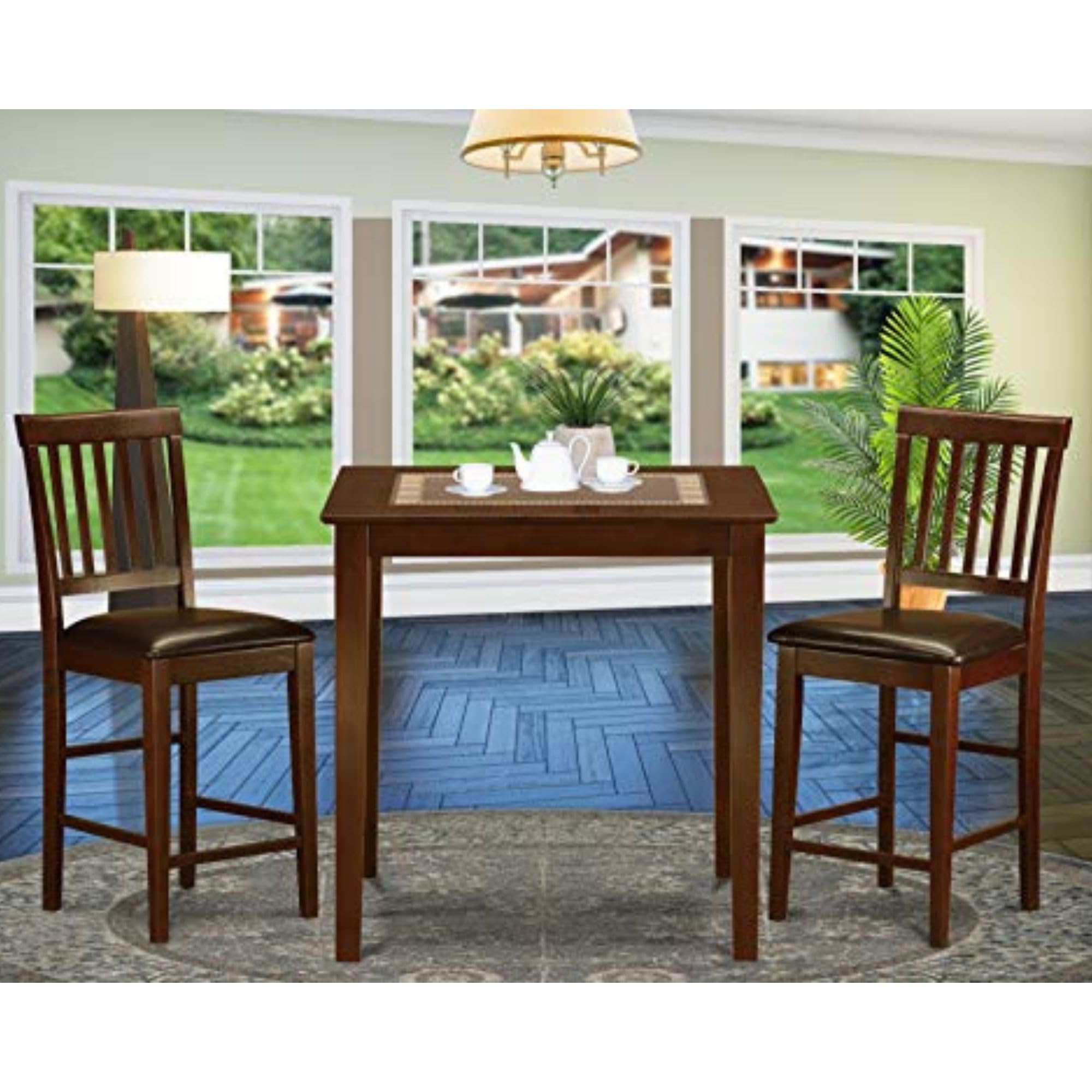 East West Furniture VERN3-MAH-LC Vernon 3 Piece Kitchen Counter Height Dining Set Contains a Square Pub Table and 2 Faux Leather Upholstered Chairs, 36x36 Inch