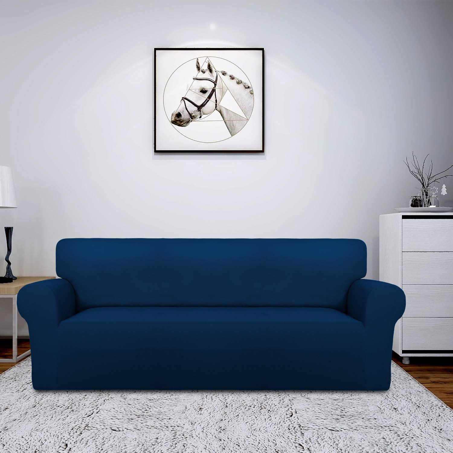 Easy-Going Fleece Stretch Sofa Slipcover Spandex Non-Slip Soft Couch Sofa Cover, Washable Furniture Protector With Anti-Skid Foam And Elastic Bottom For Kids, Pets(Sofa, Navy)