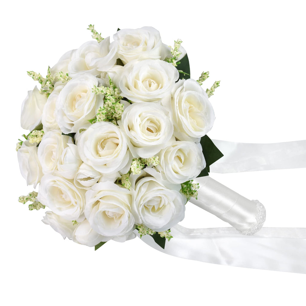 Febou Wedding Bouquets For Bride Bridesmaid Bouquet Ivory Bridal Bouquet Artificial Roses For Wedding Church Home Decoration (Iv