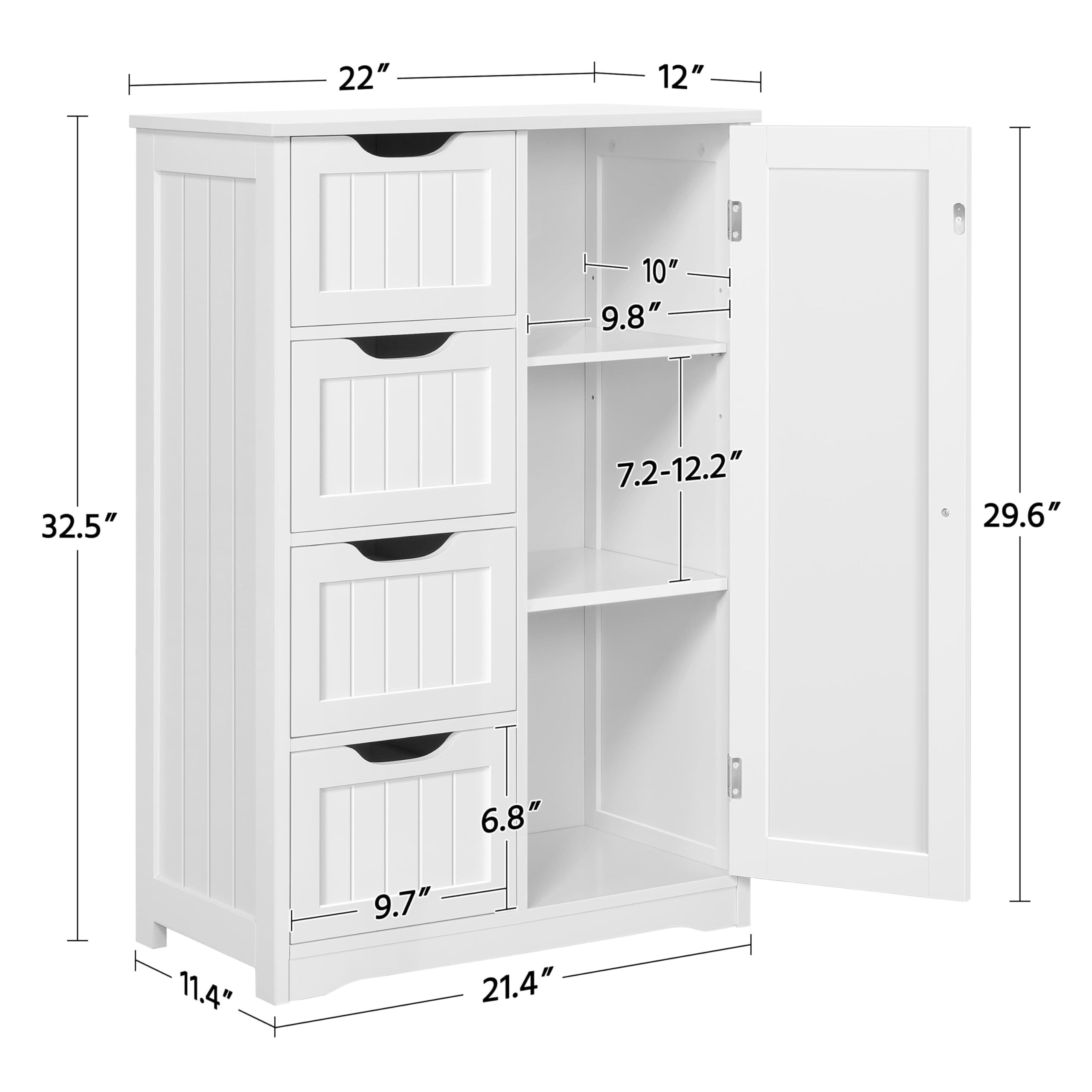 Yaheetech Wooden Floor Cabinet, Side Storage Organizer With 4 Drawers And 1 Cupboard, Freestanding Entryway Storage Unit Console Table, Bathroom Furniture Home Decor, White