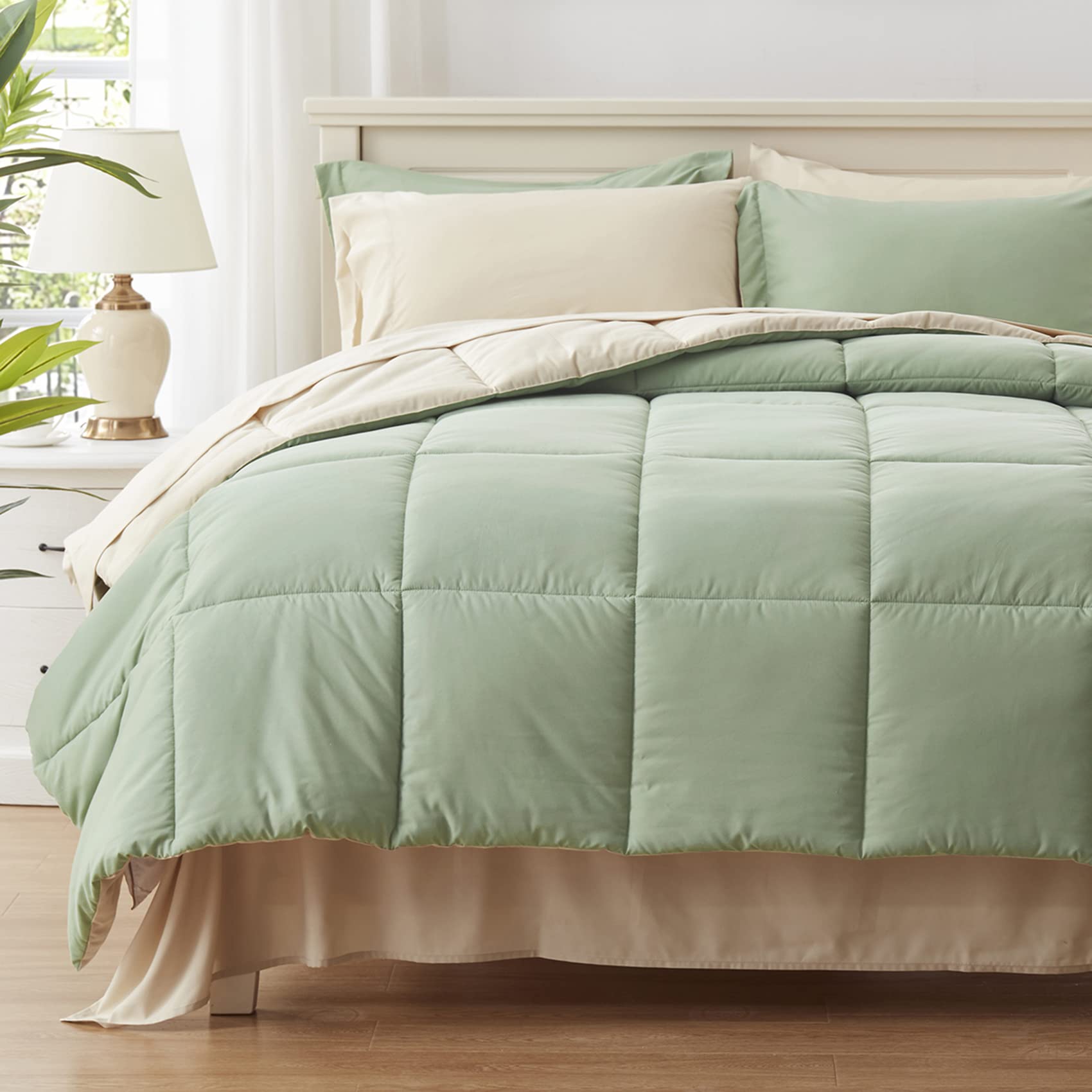Anluoer King Size Bed In A Bag 7 Pieces, Sage Green Bed Comforter Set With Comforter And Sheets, All Season Bedding Sets With 1