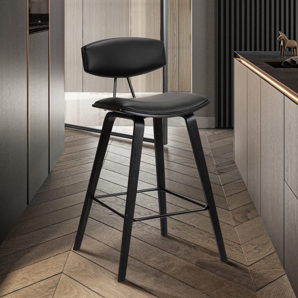 HomeRoots Poplar, Metal, Faux Leather 26â€ Black Faux Leather Mid Century Modern Bar Stool