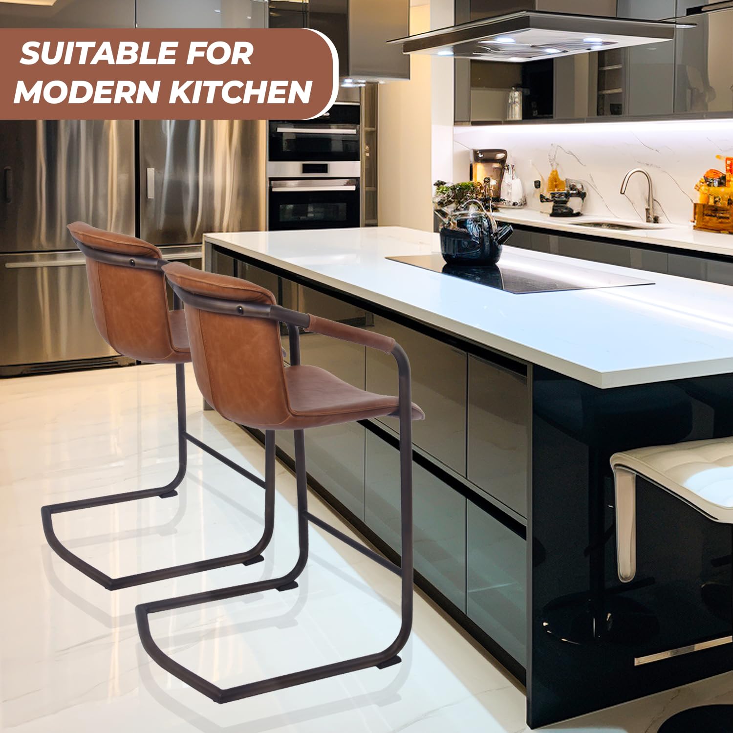 New Pacific Direct Indy Pu Leather Counter, Set Of 2 Bar & Counter Stools, Antique Cigar Brown