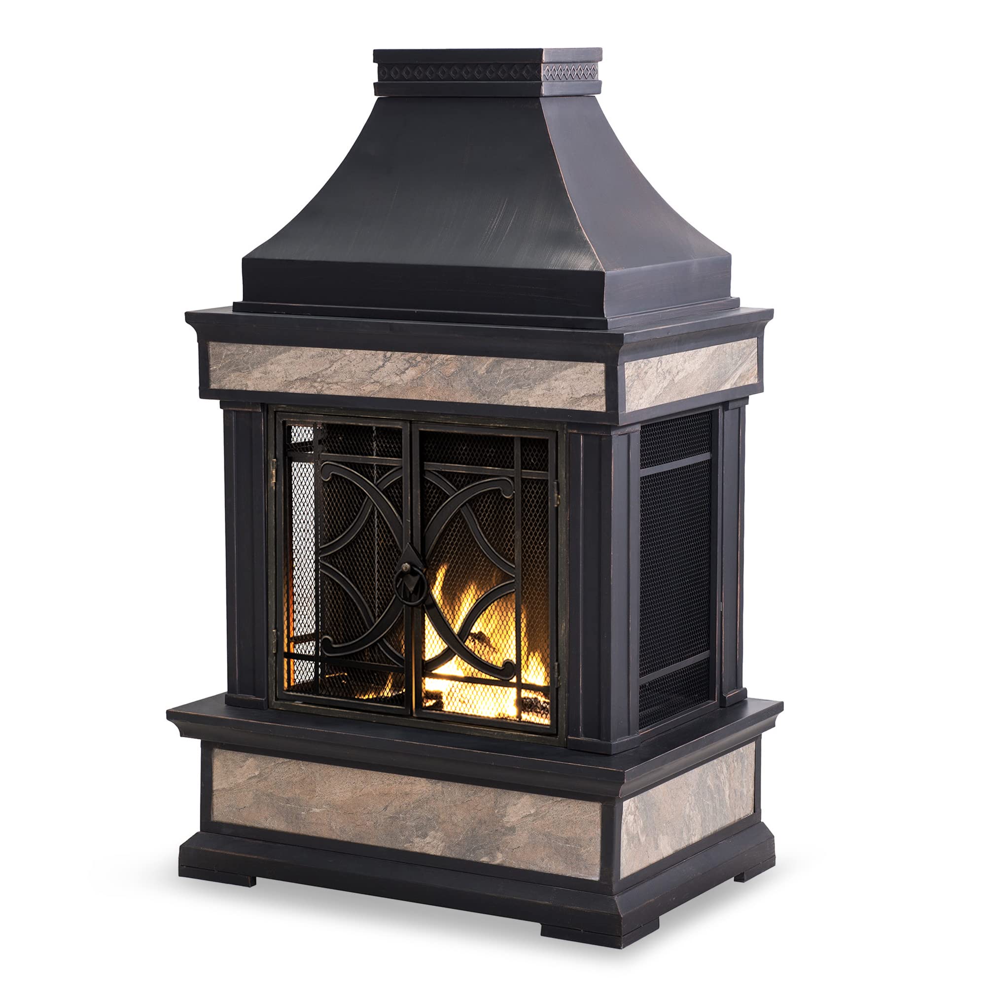 Sunjoy Outdoor Fireplace, Heirloom Patio Wood Burning Steel Fireplace With Chimney, Spark Screen, Fire Poker, And Removable Grat