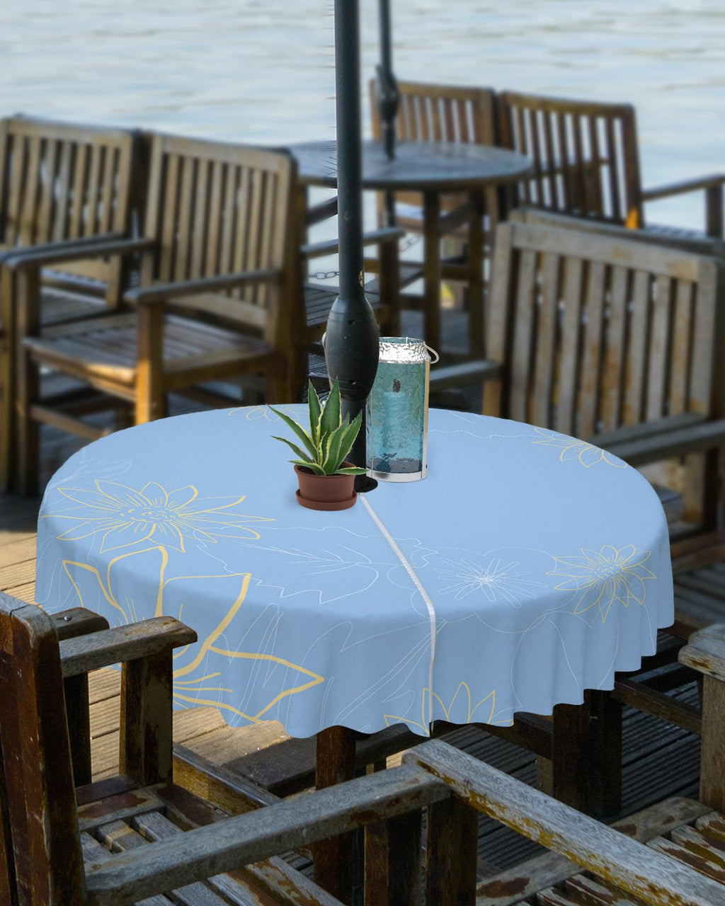 Queenker Outdoor Tablecloth With Umbrella Hole, Minimalist Lines Leaves Flowers Blue Round Tables Waterproof Tabletop Collection