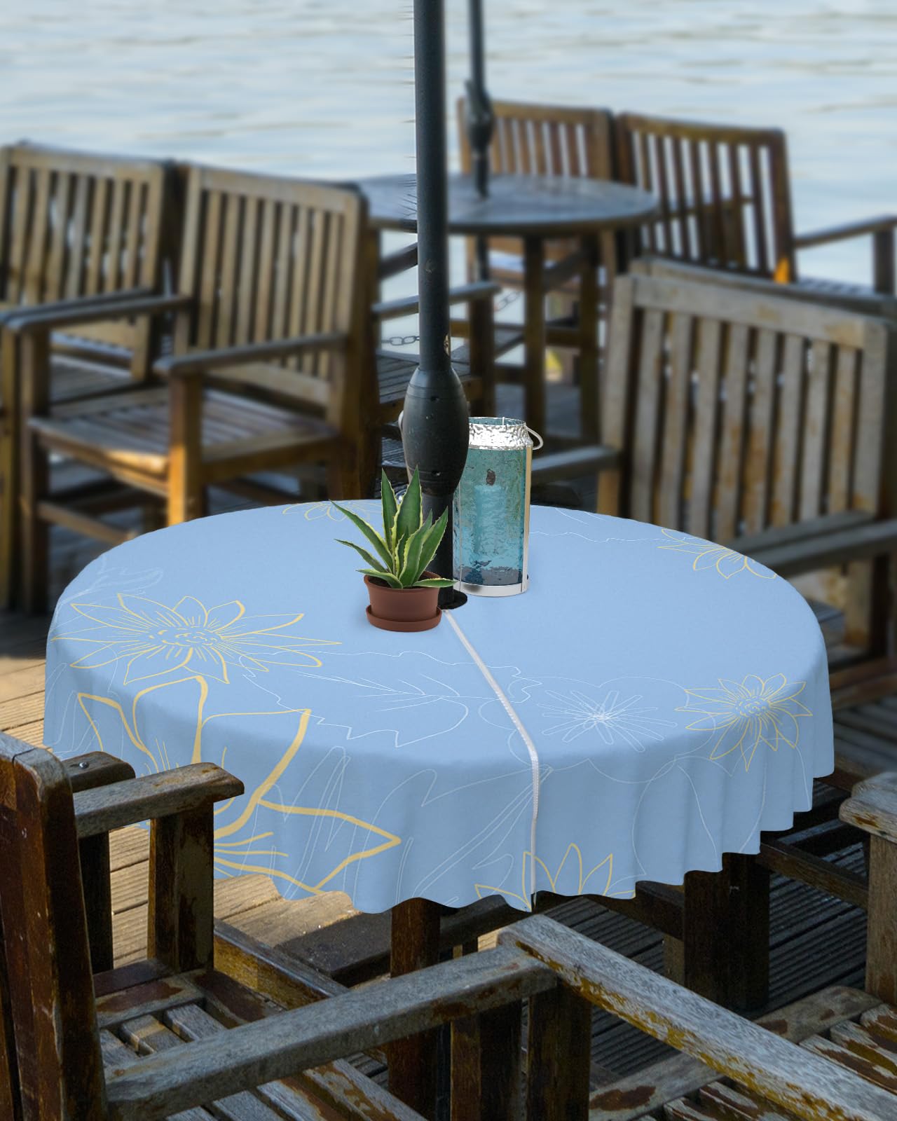Queenker Outdoor Tablecloth With Umbrella Hole, Minimalist Lines Leaves Flowers Blue Round Tables Waterproof Tabletop Collection