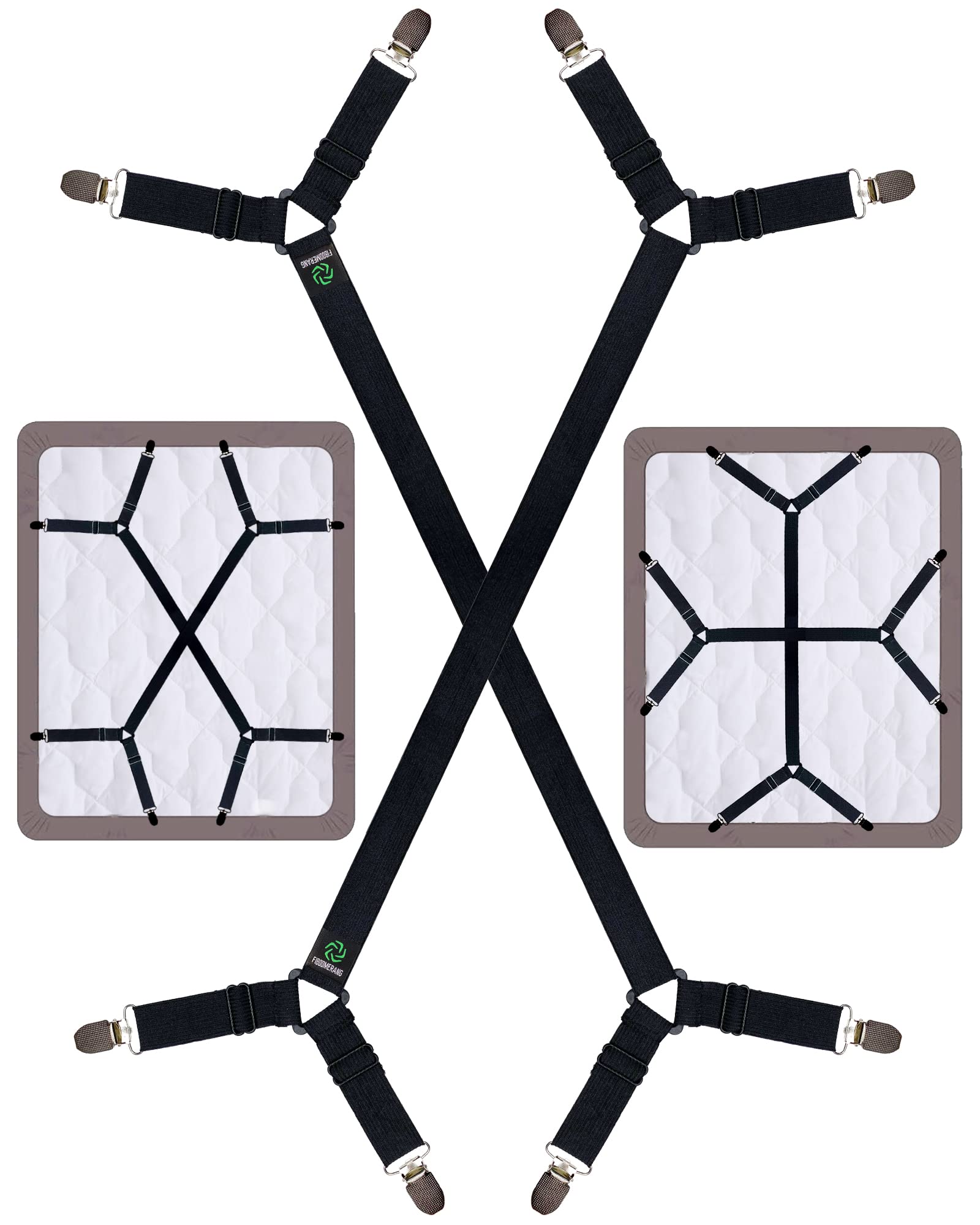 FIBOOMERANG Bed Sheet Straps - Crisscross Fitted Sheet Clips and Sheet Holder Elastic Bands Bedsheet Fasten Suspenders Grippers,