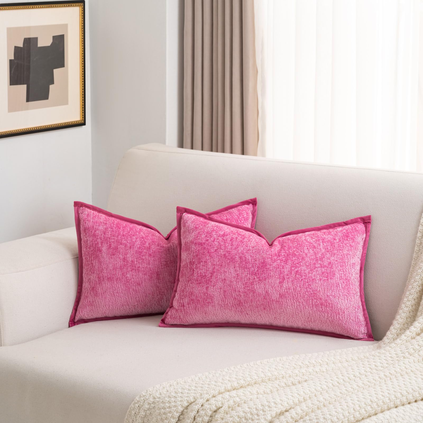 Futei Hot Pink Chenille Throw Pillow Covers 12X20 Inch Set Of 2,Soft Velvet Lumbar Pillow Cases,Home Decor For Couch Bed Living
