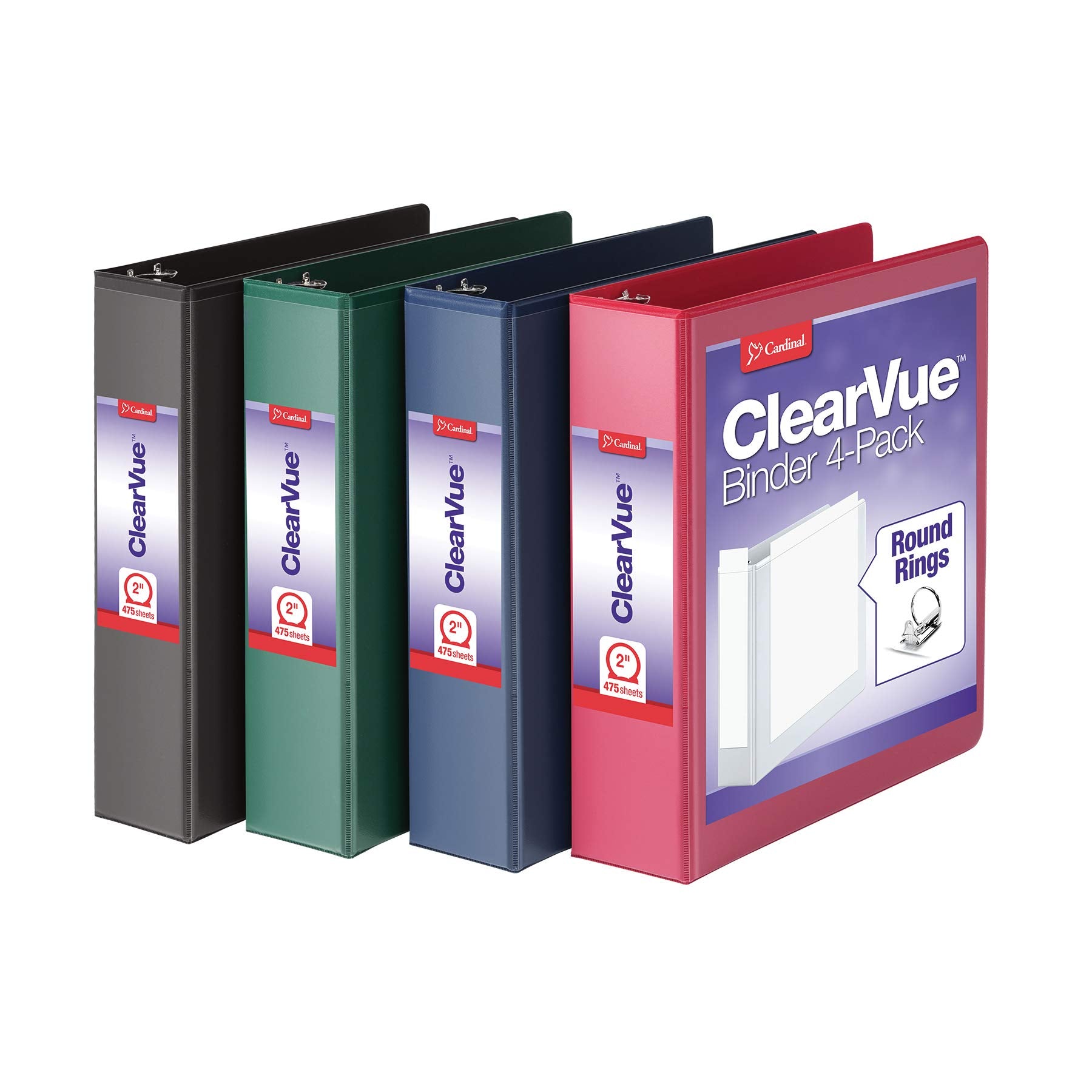 Cardinal 3 Ring Binders, Binders For School And Office, Durable 2 Inch Binder With Round Rings, Holds 475 Sheets, Clearvue Cover