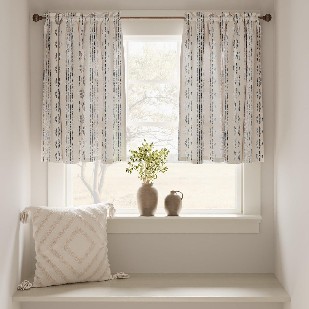 Jinchan Boho Kitchen Curtains Linen Tier Curtains 36 Inches Bohemian Cafe Small Drapes Striped Mudcloth Farmhouse For Bathroom Rv Camper Light Filtering Rod Pocket 2 Panels Blue On Beige