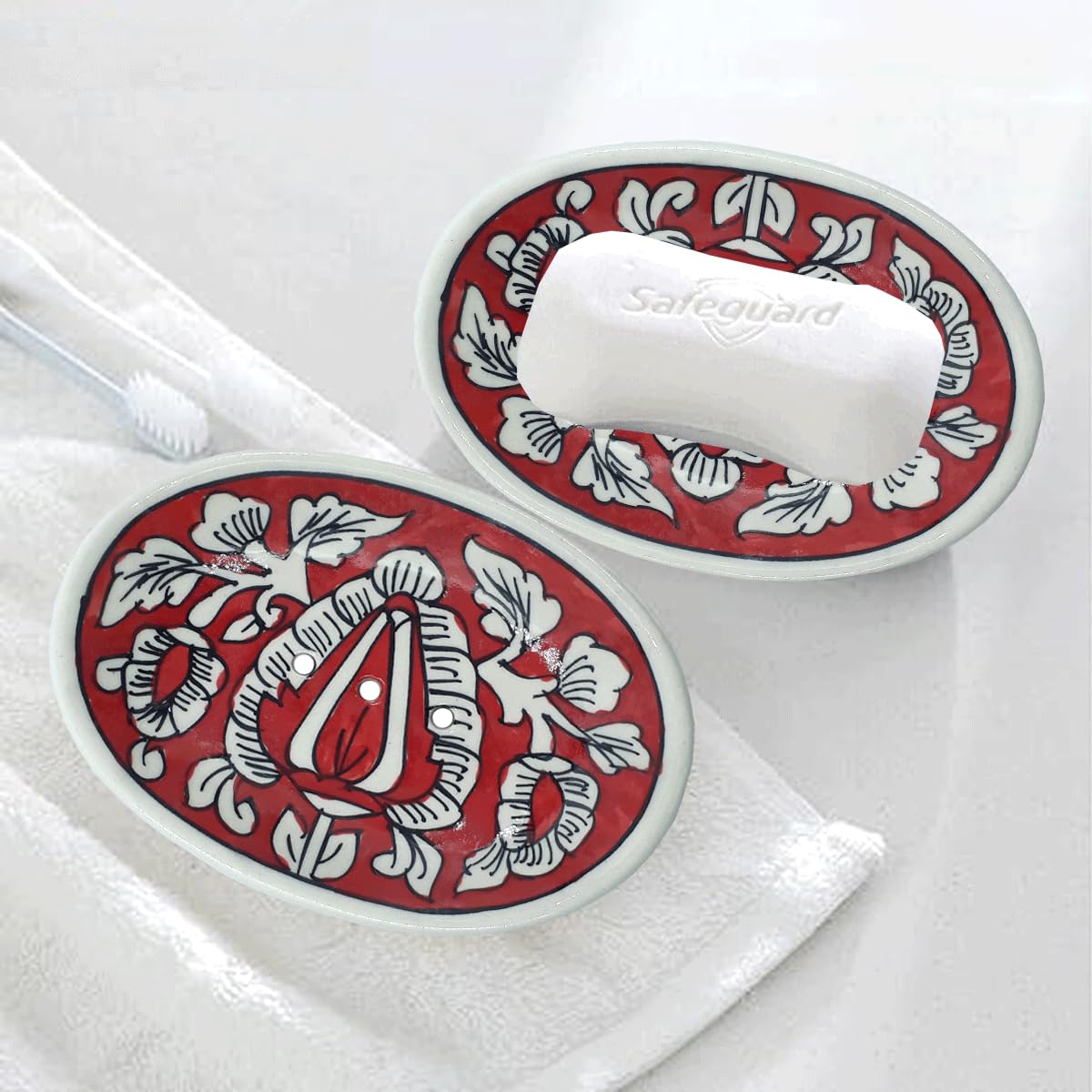 LOOKS FIRST Handmade Ceramic Soap Dish Stand Holder Bathroom soap case Holder Stand, 5 Inch | (Colore Red)
