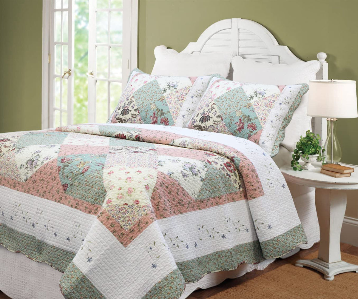 Cozy Line Home Fashions Floral Real Patchwork Green Peach Scalloped Edge Country 100% Cotton Quilt Bedding Set, Reversible Cover