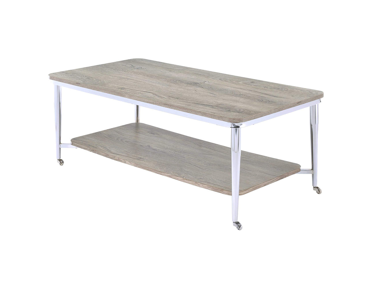 HomeRoots Metal Tube, Particle Boar 48' X 24' X 19' Gray Oak and Chrome Metal Tube Coffee Table