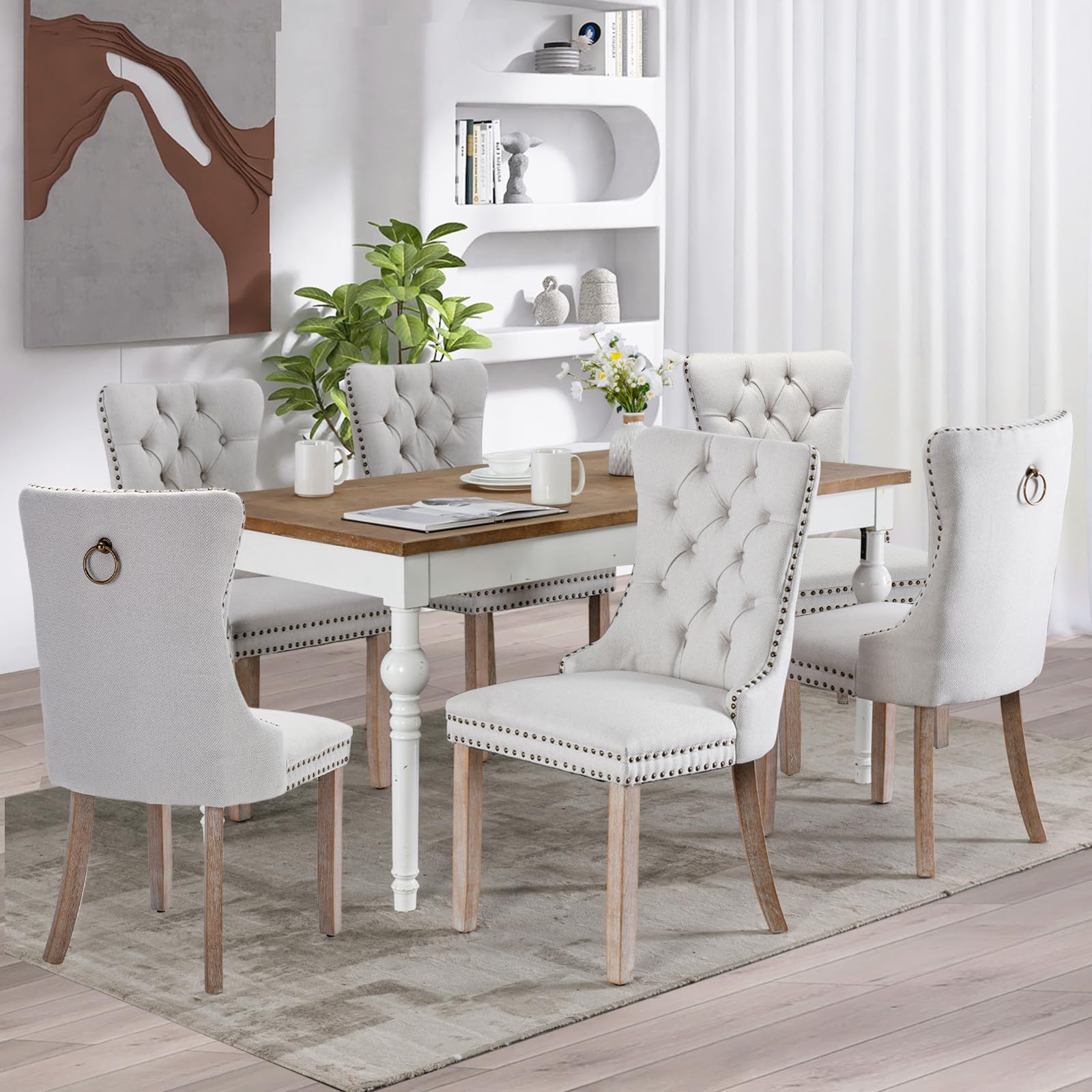 Soarflash Linen Fabric Dining Chair Set Of 6, Upholstered Tufted Dining Room Chair With Nailhead Trim,Solid Light Color Wood Leg