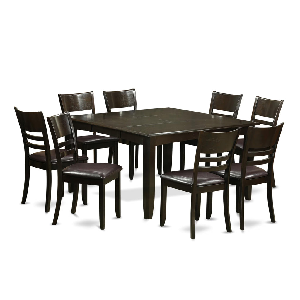 East West Furniture PFLY9-CAP-LC 9 Piece Dining Set Includes a Square Dining Room Table with Butterfly Leaf and 8 Faux Leather Upholstered Kitchen Chairs, 54x54 Inch, Cappuccino