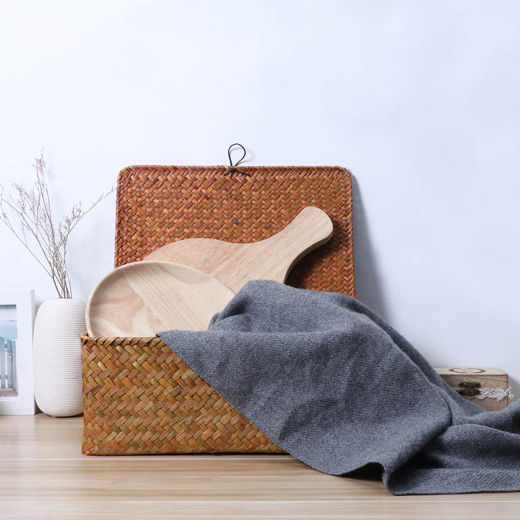Rattan Storage Basket Makeup Organizer Multipurpose Container With Lid (L)