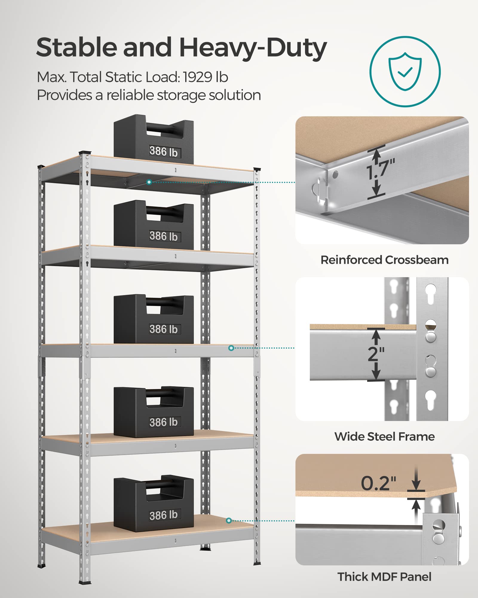 Songmics 5-Tier Storage Shelves, Set Of 2 Garage Storage, Boltless Assembly, Adjustable Shelving Units, 17.7 X 35.4 X 70.9 Inches, Load 1929 Lb Each, Shed Warehouse Basement, Silver Uglr450E02