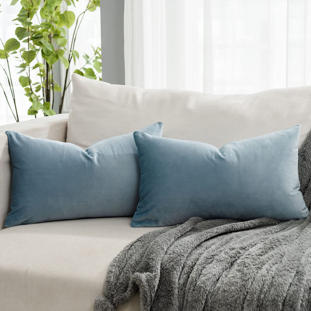 Quafoo Light Blue Decorative Lumbar Velvet Throw Pillow Covers 16X24 Inch Set Of 2 With Zipper Luxury Soft Solid Rectangle Cushi